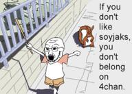 2soyjaks 4chan animal anime color drawn_background fence full_body glasses hair holding_object open_mouth parody redraw running shadow soyjak squirrel stick stubble subvariant:feralsquirrel text variant:feraljak variant:soyak yotsoyba // 568x405 // 28.6KB