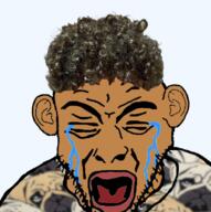 brown_skin closed_eyes clothes crying curly_hair ear hair open_mouth red_lips stubble tear tshirt variant:rupturejak zoomer_hair // 700x702 // 405.8KB