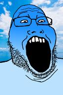bald beard blue blue_skin calm double_chin gape glasses gradient open_mouth sea sky soyjak stubble variant:markiplier_soyjak2 // 645x973 // 213.3KB