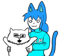 :3 animal blue_hair blue_shirt blue_skirt blush cat catgirl clothes english_text glasses hand_on_hip holding_object looking_at_you nas:tama open_mouth skirt soyjak standing stubble subnas:gemma tail text upper_body variant:catjak white_skin // 1103x1038 // 37.9KB