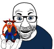 clothes crash_bandicoot glasses hand holding_object perro_hold soyjak stubble variant:el_perro_rabioso video_game // 410x368 // 72.9KB
