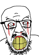 angry bloodshot_eyes eyebrows glasses gritting_teeth moustache nose nosebleed soyjak stubble subvariant:feralrage teeth variant:feraljak variant:soydult yellow_teeth // 343x486 // 11.1KB
