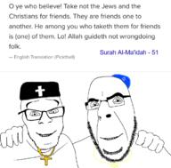2soyjaks arm christianity closed_mouth clothes friendship glasses hadith hand hat islamic judaism kippah no_more_brother_wars orthodox quran quran_verse smile soyjak star_of_david stubble text variant:cobson variant:feraljak verse // 743x732 // 161.0KB