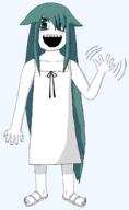 arm clothes dress full_body green_eyes green_hair hair hand happy open_mouth sandals saya_(saya_no_uta) saya_no_uta variant:soytan visual_novel wave waving // 1352x2196 // 131.6KB