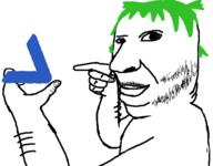 4chan anime arm arrow closed_mouth green_hair hair hand holding_object mustache pointing soyjak stubble variant:holdjak yotsoyba // 592x461 // 45.8KB