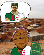 2soyjaks algeria allah angry arm beard brown_skin buff cap closed_mouth clothes country flag flag:algeria glasses green_eyes hair hand hat holding_book irl_background islam islamic le_coran lip murder muslims mustache patrol_cap purple_hair quran soyjak spade star_and_crescent strong stubble subvariant:chudjak_front subvariant:muscular_chud tan_skin thinking thought_bubble tranny variant:bernd variant:chudjak vein // 806x995 // 232.6KB
