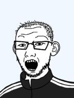 ear glasses hair open_mouth soyjak stubble track_suit variant:carterjak variant:kuzjak // 810x1080 // 23.4KB