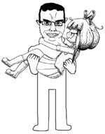 arm blush boots bowtie closed_mouth collared_shirt eyelashes full_body glasses hair holding_object monochrome mymy_(ongezellig) nose ongezellig sketch skirt smile soyjak subvariant:chudjak_front variant:chudjak wholesome // 842x1075 // 32.3KB