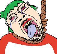 4chan anime bloodshot_eyes clothes crying dead glasses green_hair hair hanging mustache open_mouth rope soyjak stubble suicide tongue tranny variant:bernd white_skin yellow_teeth yotsoyba // 768x719 // 42.2KB