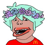 amerimutt basil_(omori) brown_skin flower_crown hair mcdonalds red_lips red_shirt teeth // 860x834 // 46.3KB