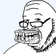 fat glasses gums lips open_mouth sharp_teeth smile soyjak stubble variant:burnsjak // 508x492 // 10.9KB