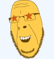 alternate emoticon glasses grin happy no_eyebrows no_eyes open_mouth series:soymoji soyjak star starstruck stubble variant:cobson yellow yellow_skin // 721x789 // 28.8KB