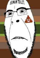 biting_lip caca closed_mouth coprophagia deformed facial_mark flag forehead_mark frown glasses human_toilet poop pride_flag soyjak stubble subvariant:hornyson tattoo text variant:cobson 💩 // 680x991 // 173.7KB