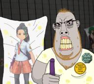 amiibo angry anime arm badge balding bloodshot_eyes brown_hair brown_stubble chest_hair clenched_teeth clothes coomer dakimakura dildo dirty_clothes ear eyebags fat fist glasses hand holding_dildo holding_object one_punch_man pedophile pokemon soyjak subvariant:hairson text torso variant:cobson video_game white_shirt white_skin yellow_teeth // 1790x1588 // 1.2MB