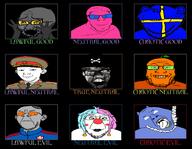 alignment_chart blue_skin blush captain_coal closed_mouth clothes clown_nose coal coal_skin collar_tabs communism discord doll_(user) ear epaulettes food froot_(user) fruit giggly_goon_clown glasses grey_skin hammer_and_sickle hanging hat hat_ornament kuz lipstick max_(user) military military_hat military_uniform open_mouth orange orange_skin peaked_cap pink_skin pirate_hat smile soot_colors soviet_army_uniform soyjak star_(symbol) star_hat_ornament stubble swede_(artist) sweden track_suit uniform variant:bernd variant:feraljak variant:gapejak variant:impish_soyak_ears variant:kuzjak variant:markiplier_soyjak variant:soyak // 894x696 // 257.8KB