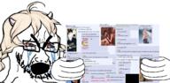 bloodshot_eyes compilation crying glasses hair hand holding_object horn lolcow_farm open_mouth screenshot soyjak soyjak_party stubble text variant:cryboy_soyjak yellow_hair // 2978x1464 // 2.0MB