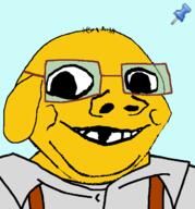 animal baby blue_background clothes deformed dog ear glasses janny smile soyjak stubble subvariant:nathaniel suspenders variant:gapejak yellow_skin // 610x654 // 40.6KB