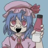 anime arm blue_hair bottle clothes hair hand hat holding_bottle holding_object holding_soylent open_mouth pink_eyes plastic_bottle remilia_scarlet soy soyjak soylent soylent_(strawberry) soylent_bottle touhou variant:soyak video_game white_skin // 800x800 // 634.8KB