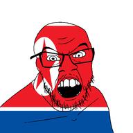 country flag flag:north_korea glasses north_korea open_mouth soyjak star_(symbol) stubble teeth variant:feraljak // 1500x1500 // 29.4KB