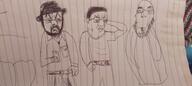 3soyjaks arm beard belt can closed_mouth clothes drawing glasses hand hat holding_object internet_is_leaking irl soyjak stubble traditional_media variant:chudjak variant:cobson variant:corejak // 1600x720 // 553.8KB