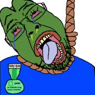 animal badge bloodshot_eyes clothes crying dead frenschan frog glasses green_skin hanging mucus open_mouth pepe rope soyjak stubble suicide text tongue variant:bernd // 744x744 // 64.5KB