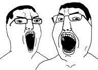 2soyjaks eyebrows glasses hair lips looking_at_you looking_to_the_right no_stubble nose open_mouth series:trios_&_duos soyjak stubble subvariant:gapechud subvariant:yellcel teeth template variant:chudjak variant:gapejak // 948x675 // 21.3KB