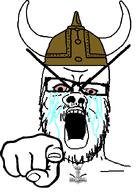 angry bald big_eyebrows bloodshot_eyes crying glasses hand helmet horn mjolnir mustache necklace open_mouth pagan paganism pagankike pink_eyes pointing pointing_at_viewer selfish_little_fuck soyjak stubble tear template variant:a24_slowburn_soyjak viking viking_helmet // 498x686 // 27.3KB
