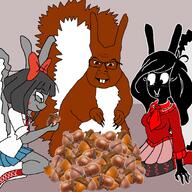 acorn black_skin black_squirrel bowtie buck_teeth clothes coco_(ongezellig) ear full_body glasses grey_skin grey_squirrel heart mymy_(ongezellig) nut ongezellig queen_of_hearts red_skin red_squirrel shoe skirt smile soyjak stubble subvariant:feralsquirrel sweater tail tattoo trend:squirreljakking variant:feraljak vine // 2048x2048 // 1.5MB