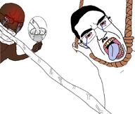 2soyjaks angry arm black_skin blood bloodshot_eyes blush bwc chud clenched_teeth closed_mouth crying deformed distorted glasses hand mirror pointing rope smile smirk smug soyjak stubble variant:chudjak variant:soyak variant:two_pointing_soyjaks // 1062x900 // 327.3KB