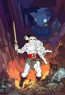 artist:john8_44 barbarian beanie blond bone brimmiest_comments_section☣️☣️☣️_do_not_enter☣️☣️☣️ classical_art_parody cloud fantasy female foot glasses helmet high_effort holding_object moon mountain muscular_male nazism rock shield skull star stone subvariant:unbotheredchud swastika sword variant:chudjak variant:impish_soyak_ears variant:soytan woman // 1644x2400 // 1.8MB