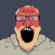 angry beige blue_background blue_eyes camo camouflage glasses hair red_skin soldier subvariant:science_lover variant:markiplier_soyjak yellow_beard yellow_hair // 500x500 // 106.3KB