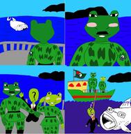 anonymous autism boat brimstone clothes comic flag full_body glasses hanging military milo_the_frog mustache necktie open_mouth question_mark rope ship soyjak stubble tongue variant:bernd variant:soyfish water yellow_teeth // 1079x1094 // 481.5KB