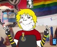 badge clothes dildo food gay holding_object hrt irl_background lollipop meta:tagme nate nazism smile soyjak soyjak_party soyteen subvariant:shoyta tranny variant:gapejak yellow_hair // 1200x1000 // 1.2MB
