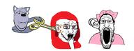 3soyjaks arm blood bloodshot_eyes clothes crying ear ear_removal ear_surgery fangs glasses hair hand hat holding_object little_red_riding_hood open_mouth scissors smile soyjak stretched_mouth stubble subvariant:wholesome_soyjak variant:gapejak variant:markiplier_soyjak variant:soyak wolf // 3176x1224 // 256.7KB