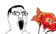 angry blood bloodshot_eyes bowtie cartoon chud clothes crying glasses gore hair hand holding_object holding_severed_head mustache mymy ongezellig open_mouth orange_hair orange_skin screaming severed_head soyjak stubble tongue variant:bernd variant:chudjak yellow_teeth // 977x605 // 306.2KB
