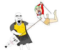 4chan angry anime arm armor bloodshot_eyes clothes crying death full_body glasses hair holding_object holding_spear holding_sword looking_at_you multiple_soyjaks nate open_mouth soot_colors soyjak soyjak_party soyjak_trio spear stubble subvariant:pettygod sword tongue variant:bernd variant:cobson variant:gapejak variant:markiplier_soyjak variant:soyak variant:tony_soprano_soyjak white_skin yotsoyba // 5435x4613 // 1.7MB