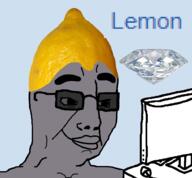 computer food fruit gem glasses grey grey_skin lemon lemon_(user) meta:self_insert smile soyjak text tinted_glasses transparent_background variant:chudjak // 1004x931 // 296.2KB