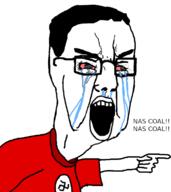 arm bloodshot_eyes clothes coal crying glasses hair hand looking_to_the_right nas nazism open_mouth pointing shitstika soyjak swastika text tshirt variant:chudjak white_background // 680x762 // 116.5KB