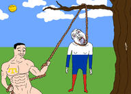 3soyjaks arm bloodshot_eyes buff closed_mouth clothes crimean_tatar crying drawn_background ear flag:crimean_tatar full_body glasses grass hand hanging holding_object holding_rope irl leg lynching naked noose open_mouth outdoors rope russia smile smug soyjak stubble subvariant:wholesome_soyjak sun template tongue tree variant:bernd variant:chudjak variant:gapejak vatnigger vatnik yellow yellow_skin yellow_teeth zigger // 2100x1500 // 903.5KB