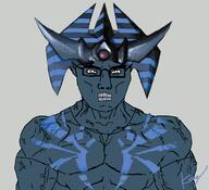 arm blue_skin buff closed_mouth clothes duel_monsters egypt glasses obelisk obelisk_the_tormentor red_eyes soyjak subvariant:chudjak_front subvariant:muscular_chud tshirt variant:chudjak vein yugioh // 1203x1098 // 471.2KB