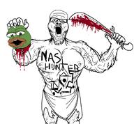 amphibian animal_abuse arm blood buff chest_hair decapitation frog glasses gore green_skin hairy holding_object holding_severed_head holding_sword leg nas:pepe nas_hunter open_mouth pepe_the_frog severed_head soyjak stubble sword tattoo variant:a24_slowburn_soyjak weapon // 1796x1662 // 146.1KB