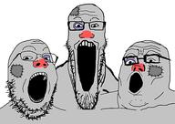 3soyjaks glasses grey_skin open_mouth soyjak stubble trend:soyjak_trio variant:gapejak variant:markiplier_soyjak variant:tony_soprano_soyjak vatnik // 604x427 // 90.4KB