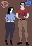 1488 black_hair blue_eyes breasts brown_eyes closed_mouth clothes dark_hair ear eyebrows frown glasses large_breasts lips long_hair orange_shirt red_shirt smile soy soylent soylent_(cacao) speech_bubble text thick_thighs variant:chudjak variant:soytan // 1434x2048 // 1.3MB