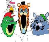 4soyjaks animal animatronic beak bird bow clothes ear earring five_nights_at_freddy's five_nights_at_freddy's:_security_breach glamrock_chica glamrock_freddy glasses green_skin hair hair_ribbon hat monty_gator open_mouth roxanne_wolf soyjak soyjak_trio stubble top_hat variant:bernd variant:gapejak variant:markiplier_soyjak variant:tony_soprano_soyjak video_game // 2070x1780 // 729.7KB
