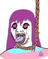 bloodshot_eyes boylover_symbol crying dead hair hanging large_eyes long_hair open_mouth pedophile purple_hair rope soyjak stubble subvariant:commiepedotroon suicide tongue tranny variant:kuzjak // 809x994 // 28.9KB