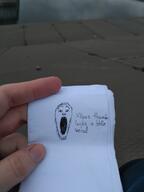 greentext hand holding_object internet_is_leaking irl open_mouth paper soyjak stubble text traditional_media variant:markiplier_soyjak // 3120x4160 // 2.5MB