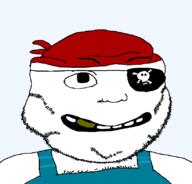 banana clothes eyepatch glasses open_mouth pirate smile soyjak stubble variant:roundjak // 821x787 // 31.1KB