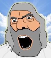 beard glasses god green_eyes grey_hair hair irl_background open_mouth sky soyjak teeth variant:cobson white_skin // 721x828 // 150.0KB