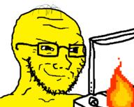 animated closed_mouth computer fire glasses smile smirk smug soyjak stubble variant:soyak yellow yellow_skin // 800x639 // 21.4KB