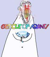 arm bant_(4chan) blood clenched_teeth cracked_teeth distorted ear gem get_out_of_qa glasses hand holding_gem holding_object nosebleed qa_(4chan) qant soyjak stubble subvariant:feralrage text variant:feraljak vein yellow_teeth // 625x722 // 151.1KB